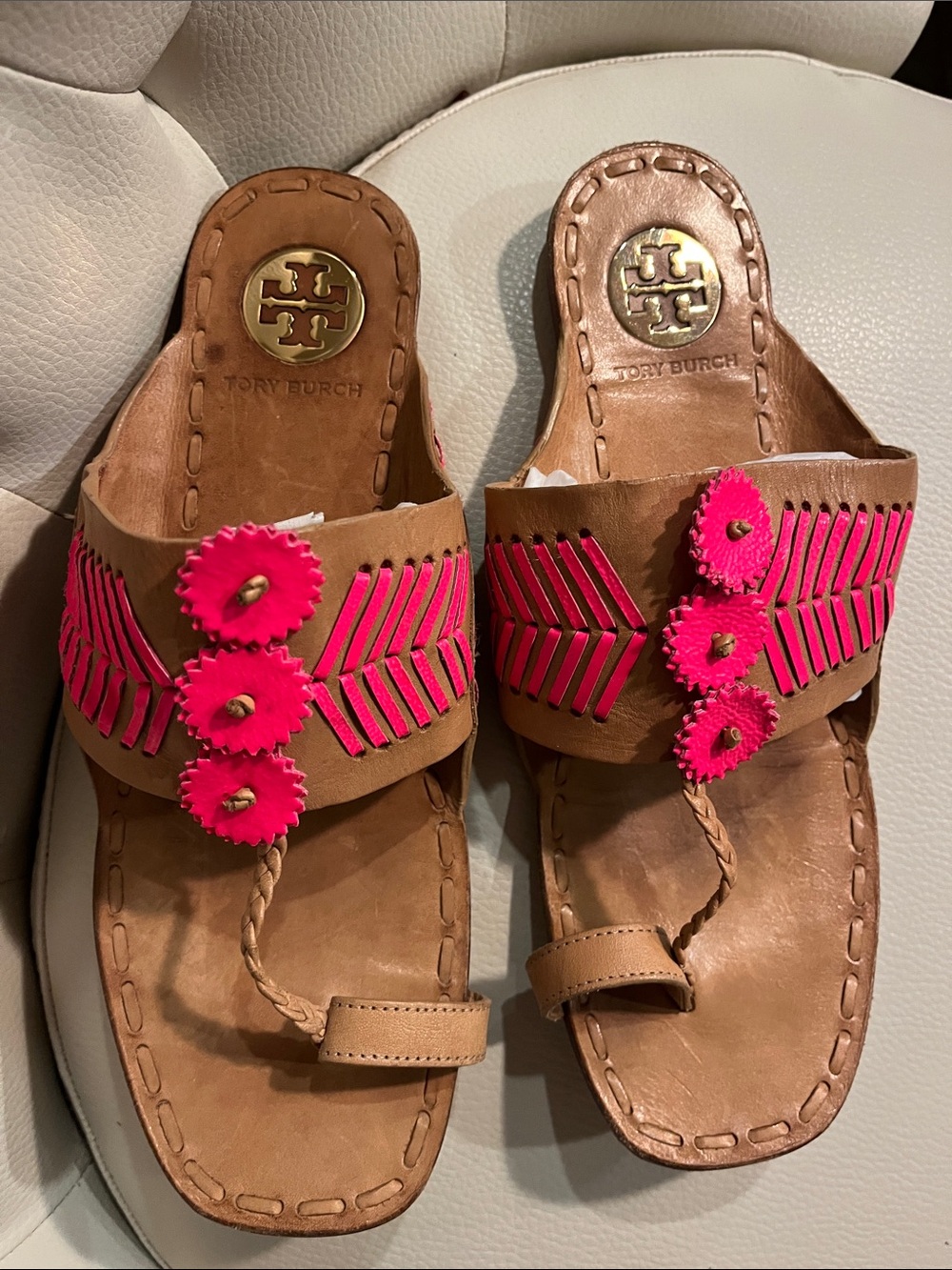 Tory Burch Tan Leather Sandals with Hot Pink Trim RARE FIND BOHO STYLE - Picture 3 of 10
